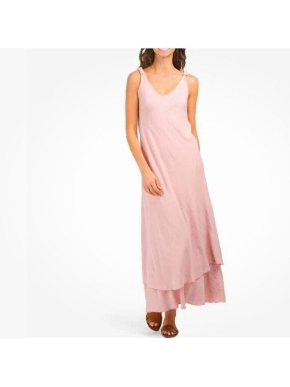 Luna Allegra Made In Italy Tiered Strappy Vee neck  Linen Blend Maxi Dress SZ S